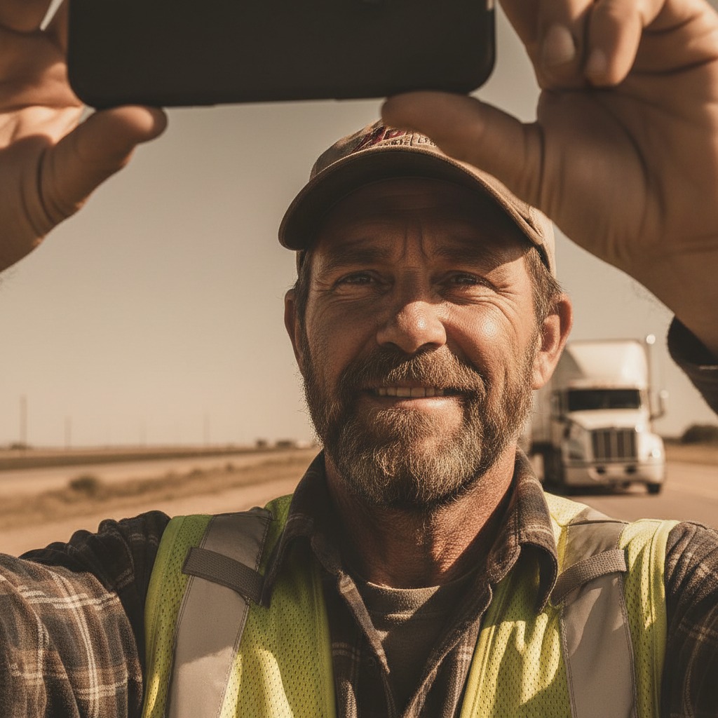 A bearded truck driver wearing a high-visibility vest takes a selfie with a smartphone outdoors, with a parked semi-truck visible in the background.